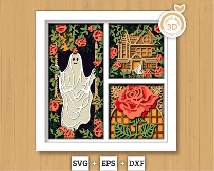 3D SVG Halloween Ghost Shadow Box, Layered Roses Halloween, Haunted House 3D Svg Layered Papercut svg, 3d Halloween, Cricut Silhouette
