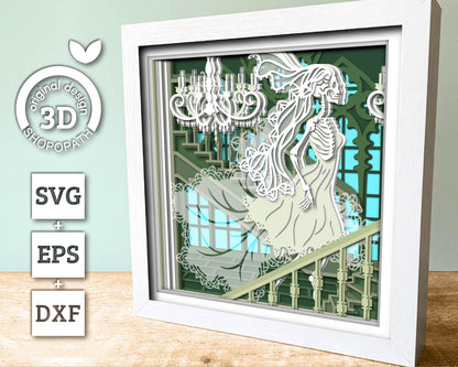 3D SVG Halloween Ghost Woman Shadow Box, Layered Woman Ghost 3d SVG, Skeleton 3D Svg Layered Papercut 3d SVG Halloween Cricut Silhouette