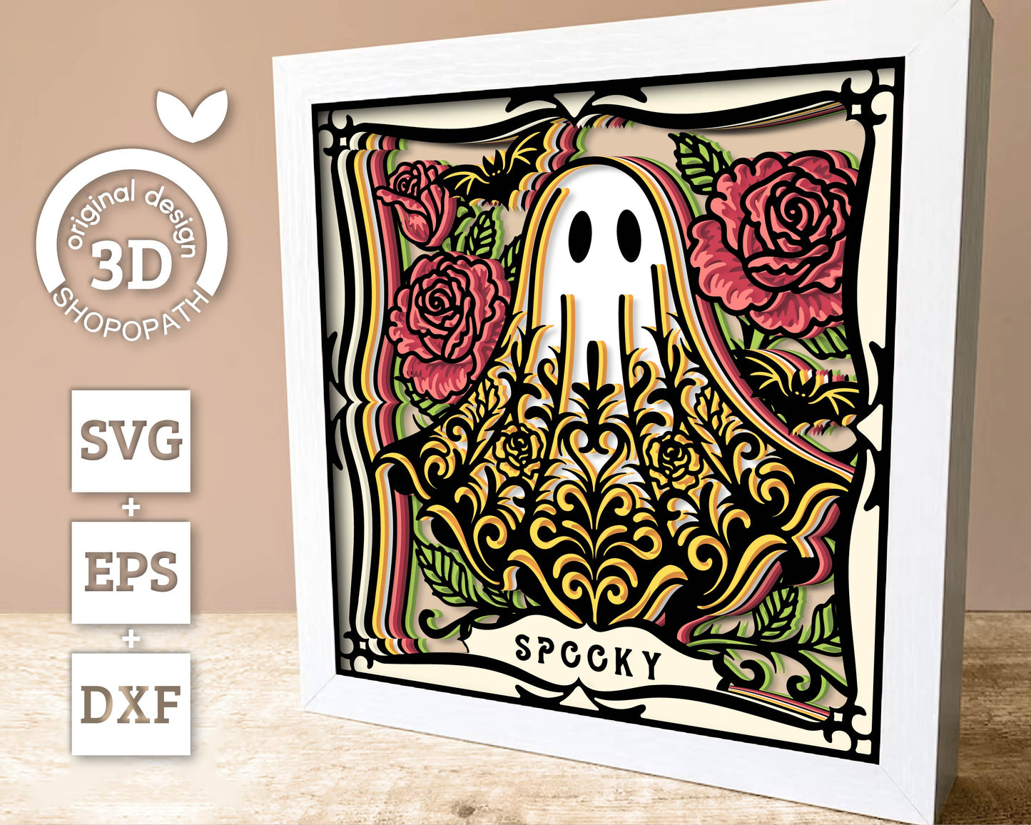 Spooky Halloween Ghost with Roses - 3D Shadow Box Layered SVG DXF EPS (Cutting Files)