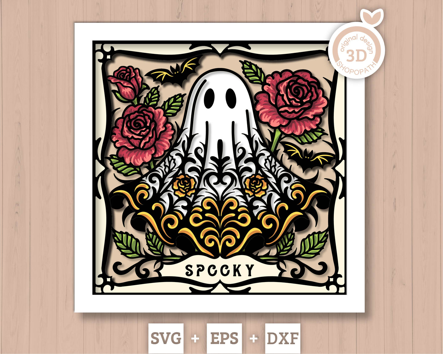Spooky Halloween Ghost with Roses - 3D Shadow Box Layered SVG DXF EPS (Cutting Files)
