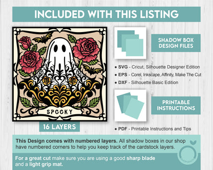 Spooky Halloween Ghost with Roses - 3D Shadow Box Layered SVG DXF EPS (Cutting Files)
