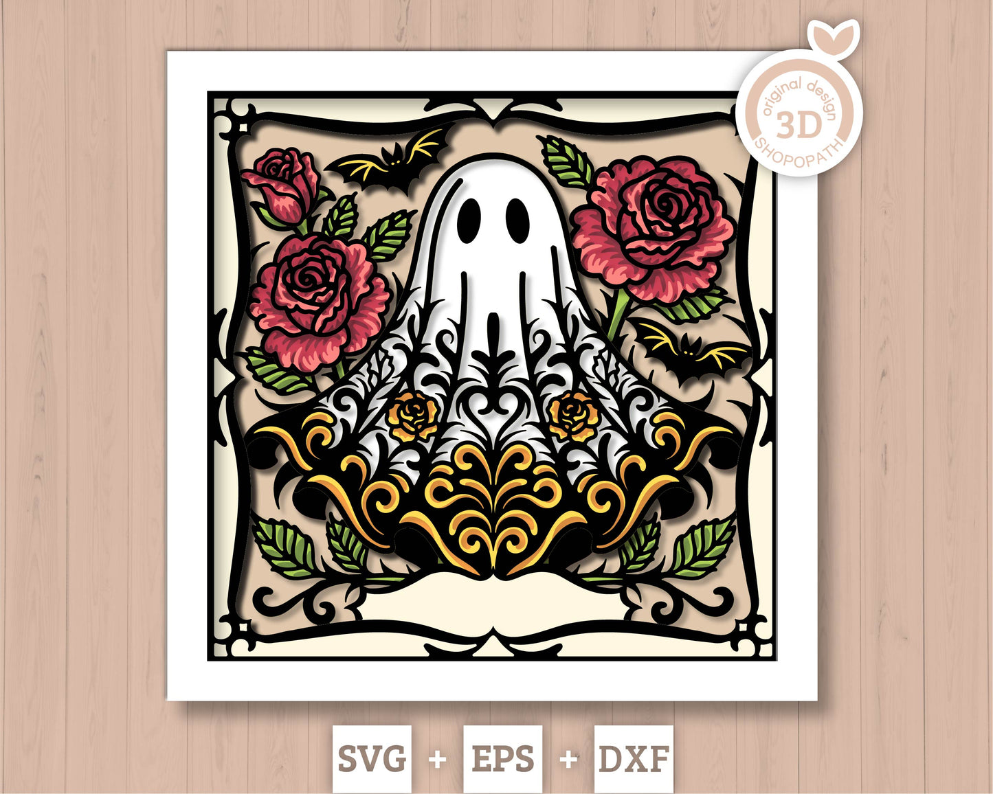 Spooky Halloween Ghost with Roses - 3D Shadow Box Layered SVG DXF EPS (Cutting Files)