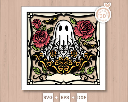 Spooky Halloween Ghost with Roses - 3D Shadow Box Layered SVG DXF EPS (Cutting Files)