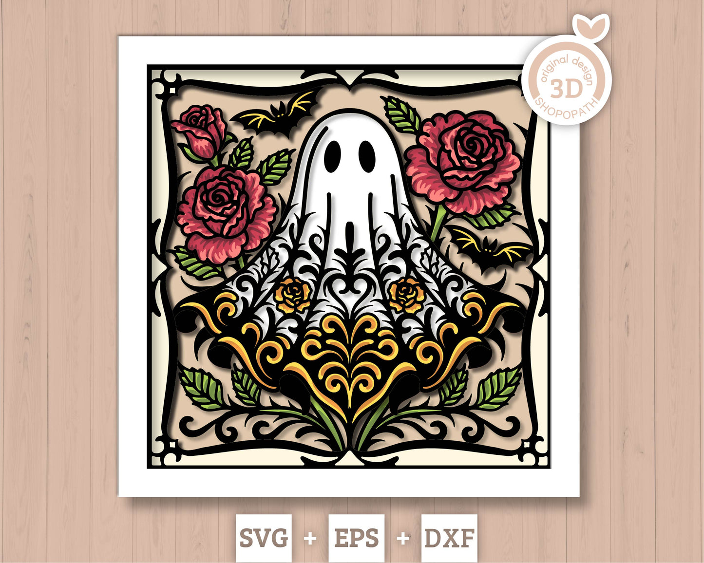 Spooky Halloween Ghost with Roses - 3D Shadow Box Layered SVG DXF EPS (Cutting Files)