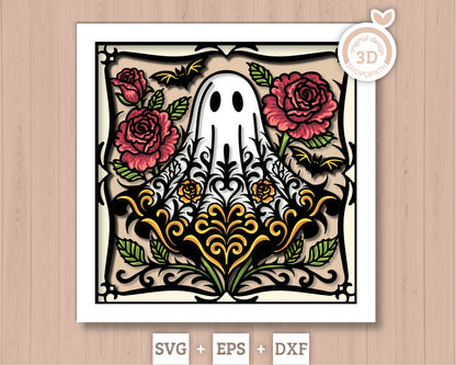 Spooky Halloween Ghost with Roses - 3D Shadow Box Layered SVG DXF EPS (Cutting Files)