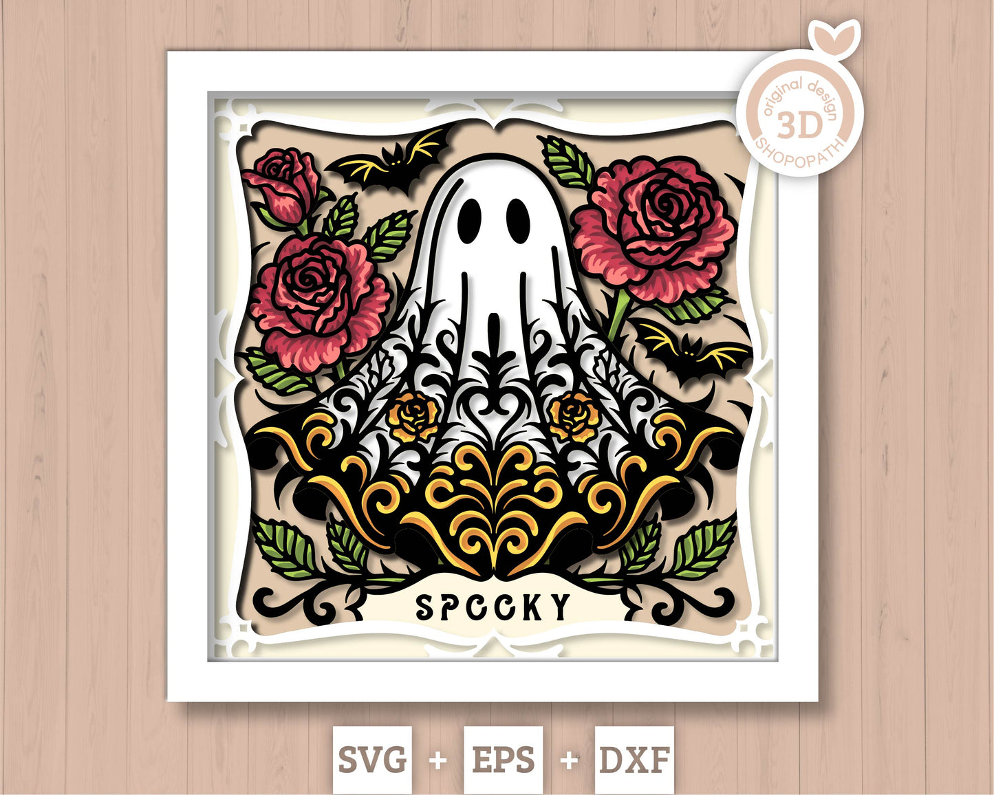 Spooky Halloween Ghost with Roses - 3D Shadow Box Layered SVG DXF EPS (Cutting Files)
