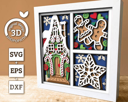 3D SVG Christmas Shadow Box, Layered Ginger Bread House Shadow Box, Christmas Candy 3D Svg, Winter 3d Svg, Snowflakes svg Cricut Silhouette