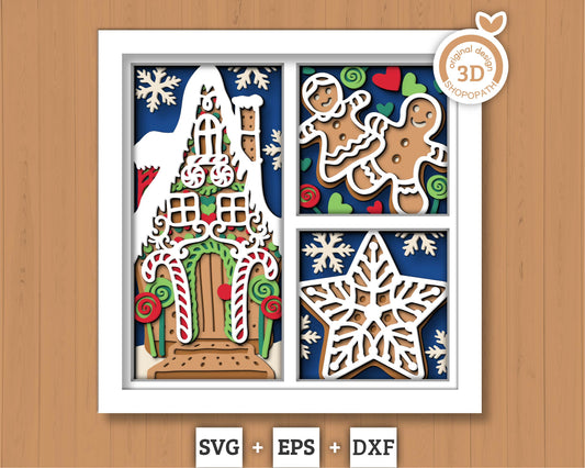 3D SVG Christmas Shadow Box, Layered Ginger Bread House Shadow Box, Christmas Candy 3D Svg, Winter 3d Svg, Snowflakes svg Cricut Silhouette