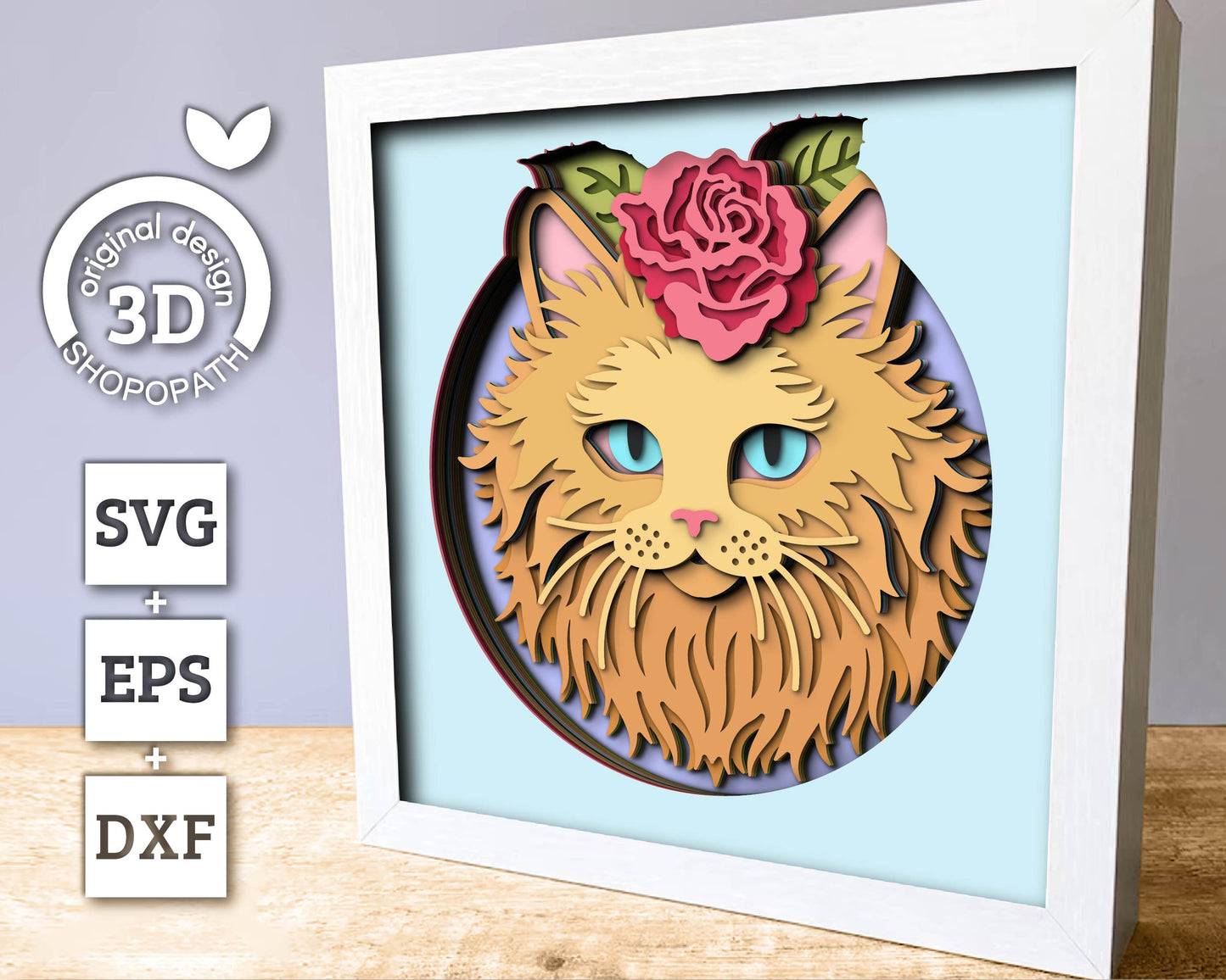 Persian Ginger Cat Head with Rose - 3D Shadow Box Layered SVG DXF EPS (Cutting Files)