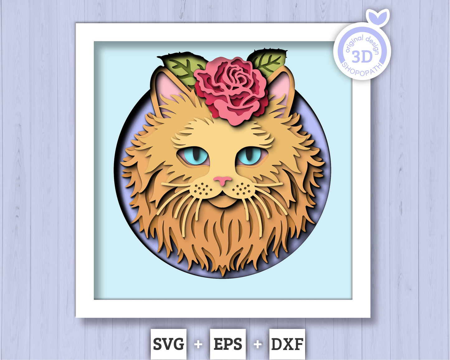Persian Ginger Cat Head with Rose - 3D Shadow Box Layered SVG DXF EPS (Cutting Files)
