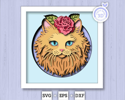 Persian Ginger Cat Head with Rose - 3D Shadow Box Layered SVG DXF EPS (Cutting Files)