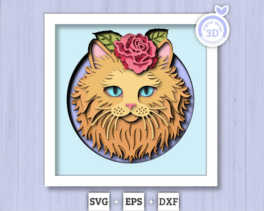 Persian Ginger Cat Head with Rose - 3D Shadow Box Layered SVG DXF EPS (Cutting Files)
