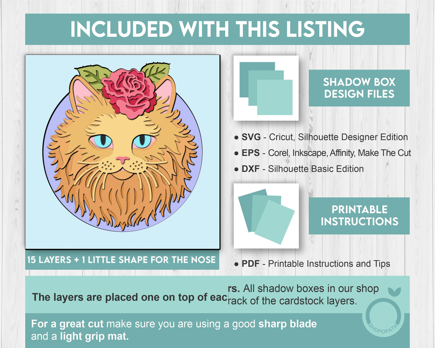 Persian Ginger Cat Head with Rose - 3D Shadow Box Layered SVG DXF EPS (Cutting Files)