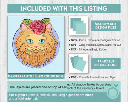 Persian Ginger Cat Head with Rose - 3D Shadow Box Layered SVG DXF EPS (Cutting Files)