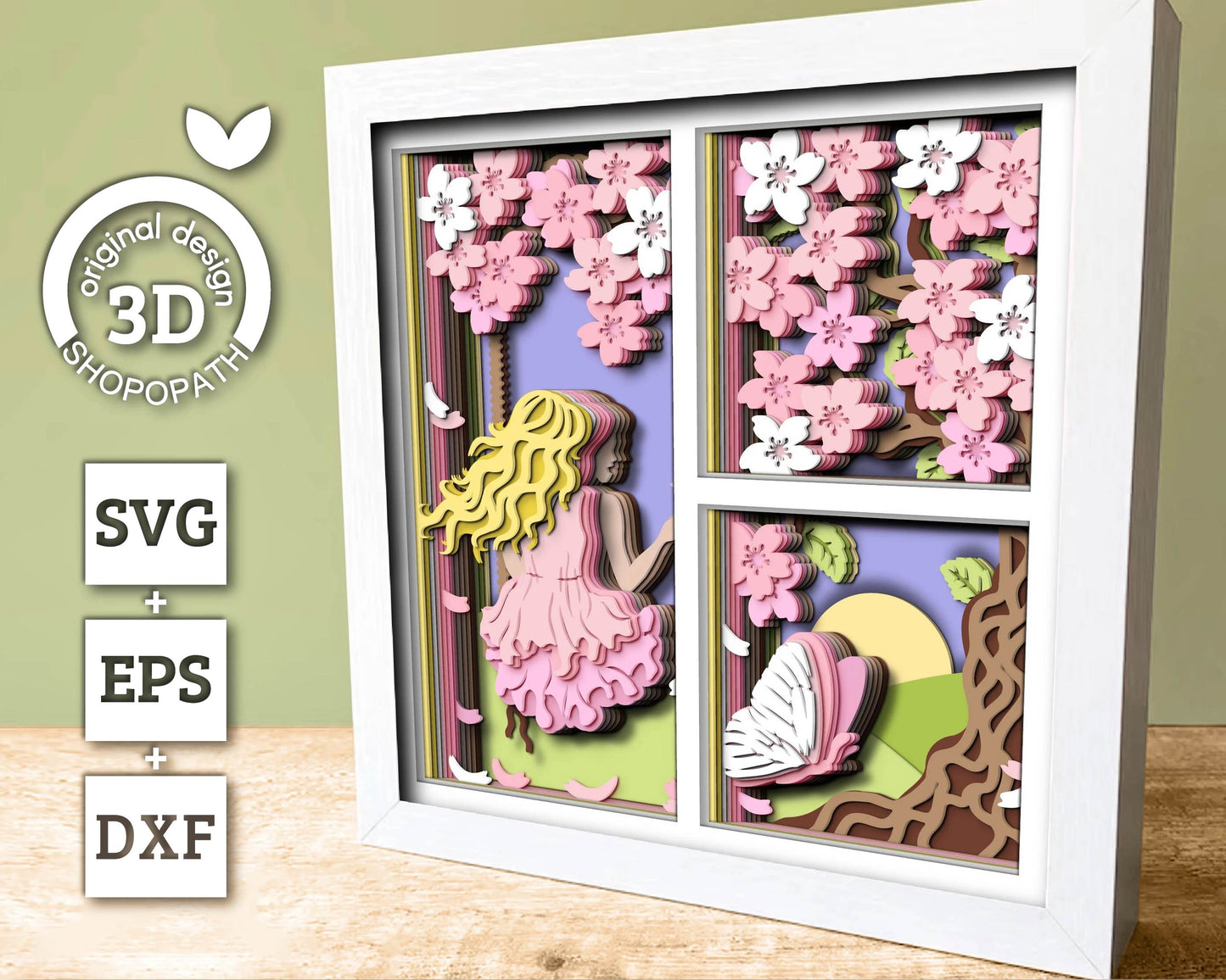 Girl Under Blossom Tree Panels - 3D Shadow Box Layered SVG DXF EPS (Cutting Files)
