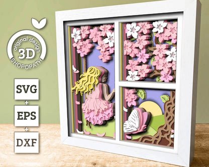 Girl Under Blossom Tree Panels - 3D Shadow Box Layered SVG DXF EPS (Cutting Files)