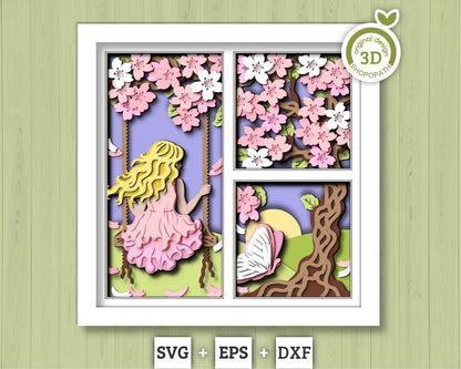 Girl Under Blossom Tree Panels - 3D Shadow Box Layered SVG DXF EPS (Cutting Files)