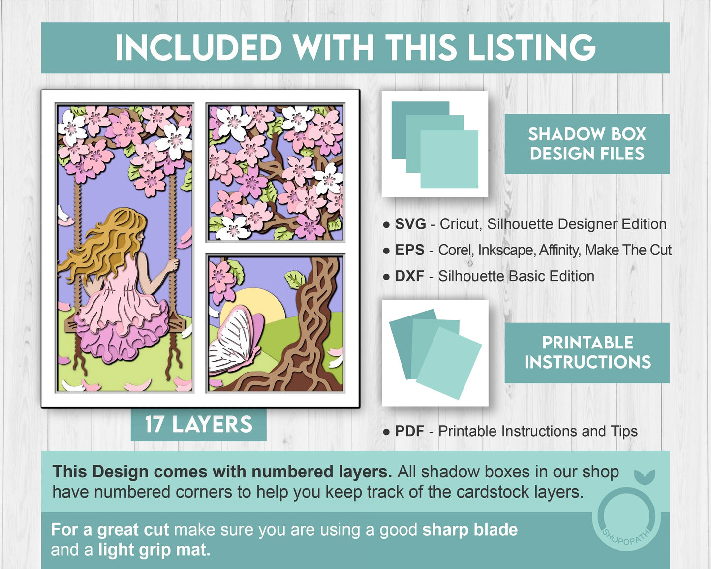 Girl Under Blossom Tree Panels - 3D Shadow Box Layered SVG DXF EPS (Cutting Files)