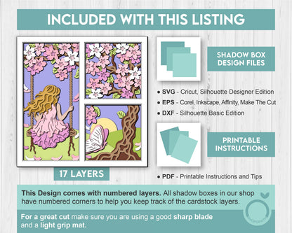 Girl Under Blossom Tree Panels - 3D Shadow Box Layered SVG DXF EPS (Cutting Files)
