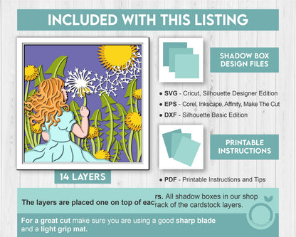 3D Dandelion Little Girl Shadow Box SVG Layered Dandelions SVG, Spring Shadow Box, Flowers 3D Svg, Floral 3d Svg, Papercut Cricut Silhouette
