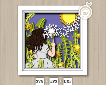 3D Dandelion Little Girl Shadow Box SVG Layered Dandelions SVG, Spring Shadow Box, Flowers 3D Svg, Floral 3d Svg, Papercut Cricut Silhouette