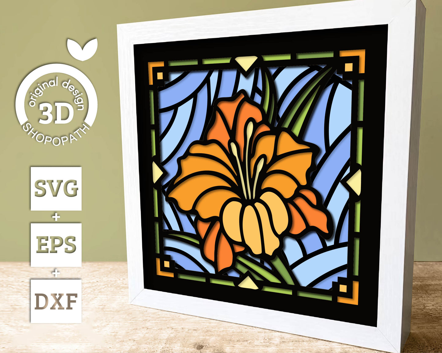 Gladiolus Flower Stained Glass Shadow Box 3D SVG for Floating Frame, Birth Month Flower Cutting Files DXF EPS for Cricut Silhouette Brother