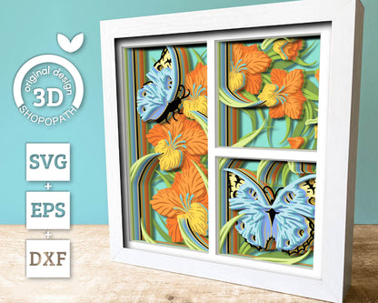 Gladiolus Shadow Box 3D SVG with Blue Pansy Butterfly, Nature Wildlife Layered Cutting Files DXF EPS for Cricut Silhouette Brother