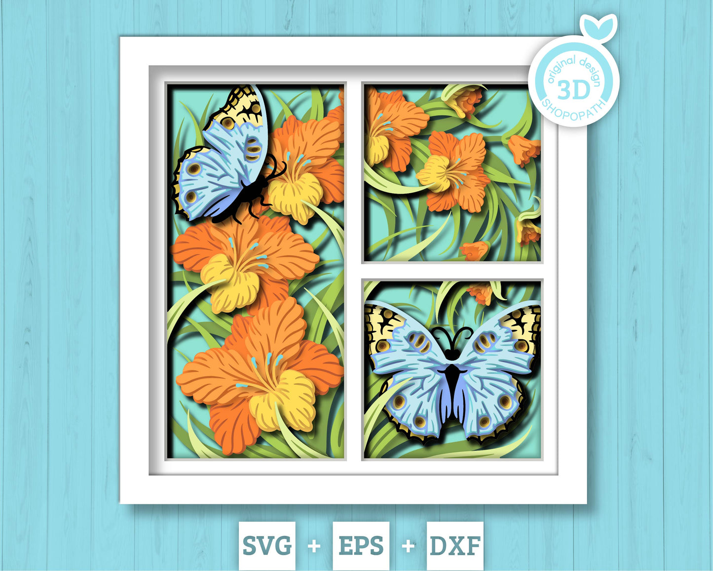Gladiolus Shadow Box 3D SVG with Blue Pansy Butterfly, Nature Wildlife Layered Cutting Files DXF EPS for Cricut Silhouette Brother