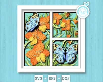 Gladiolus Shadow Box 3D SVG with Blue Pansy Butterfly, Nature Wildlife Layered Cutting Files DXF EPS for Cricut Silhouette Brother
