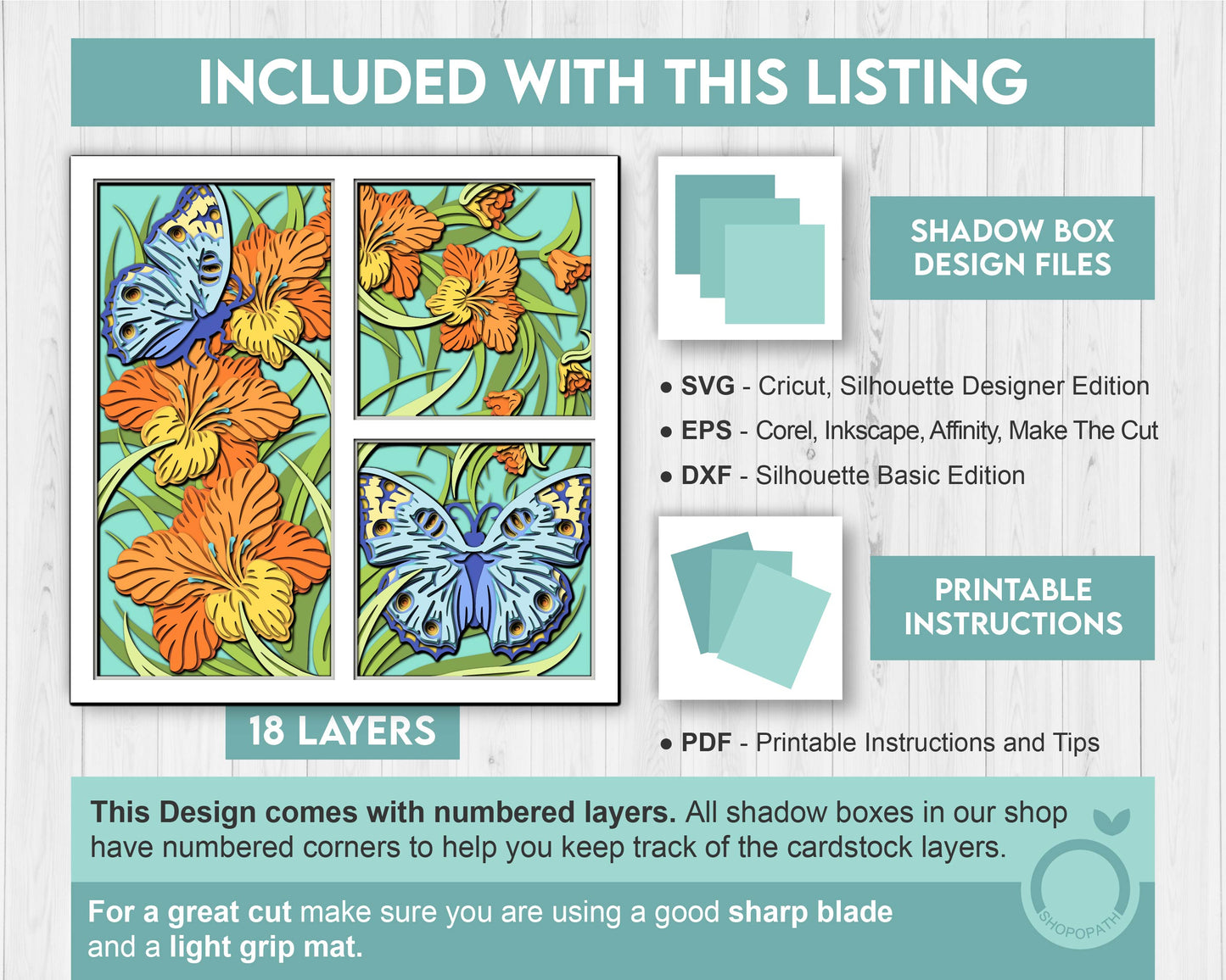 Gladiolus Shadow Box 3D SVG with Blue Pansy Butterfly, Nature Wildlife Layered Cutting Files DXF EPS for Cricut Silhouette Brother