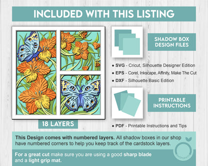 Gladiolus Shadow Box 3D SVG with Blue Pansy Butterfly, Nature Wildlife Layered Cutting Files DXF EPS for Cricut Silhouette Brother