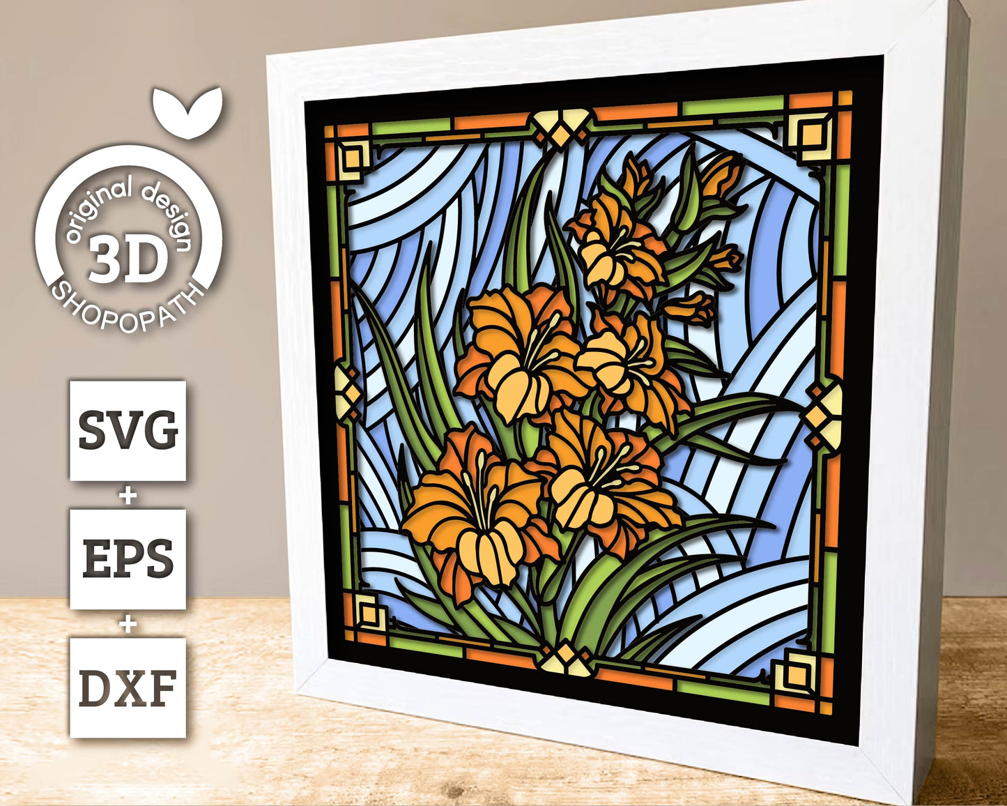 Gladiolus Flowers Stained Glass Shadow Box 3D SVG, Birth Month Flower, Cutting Files DXF EPS for Cricut Silhouette Brother