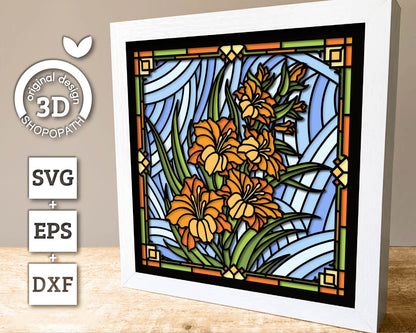 Gladiolus Flowers Stained Glass Shadow Box 3D SVG, Birth Month Flower, Cutting Files DXF EPS for Cricut Silhouette Brother