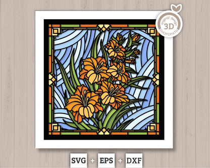 Gladiolus Flowers Stained Glass Shadow Box 3D SVG, Birth Month Flower, Cutting Files DXF EPS for Cricut Silhouette Brother