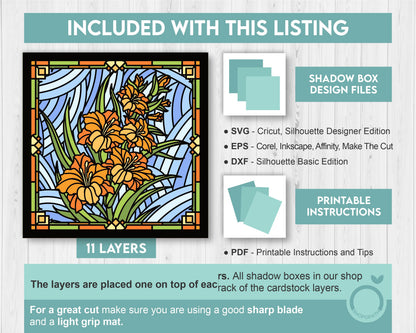Gladiolus Flowers Stained Glass Shadow Box 3D SVG, Birth Month Flower, Cutting Files DXF EPS for Cricut Silhouette Brother