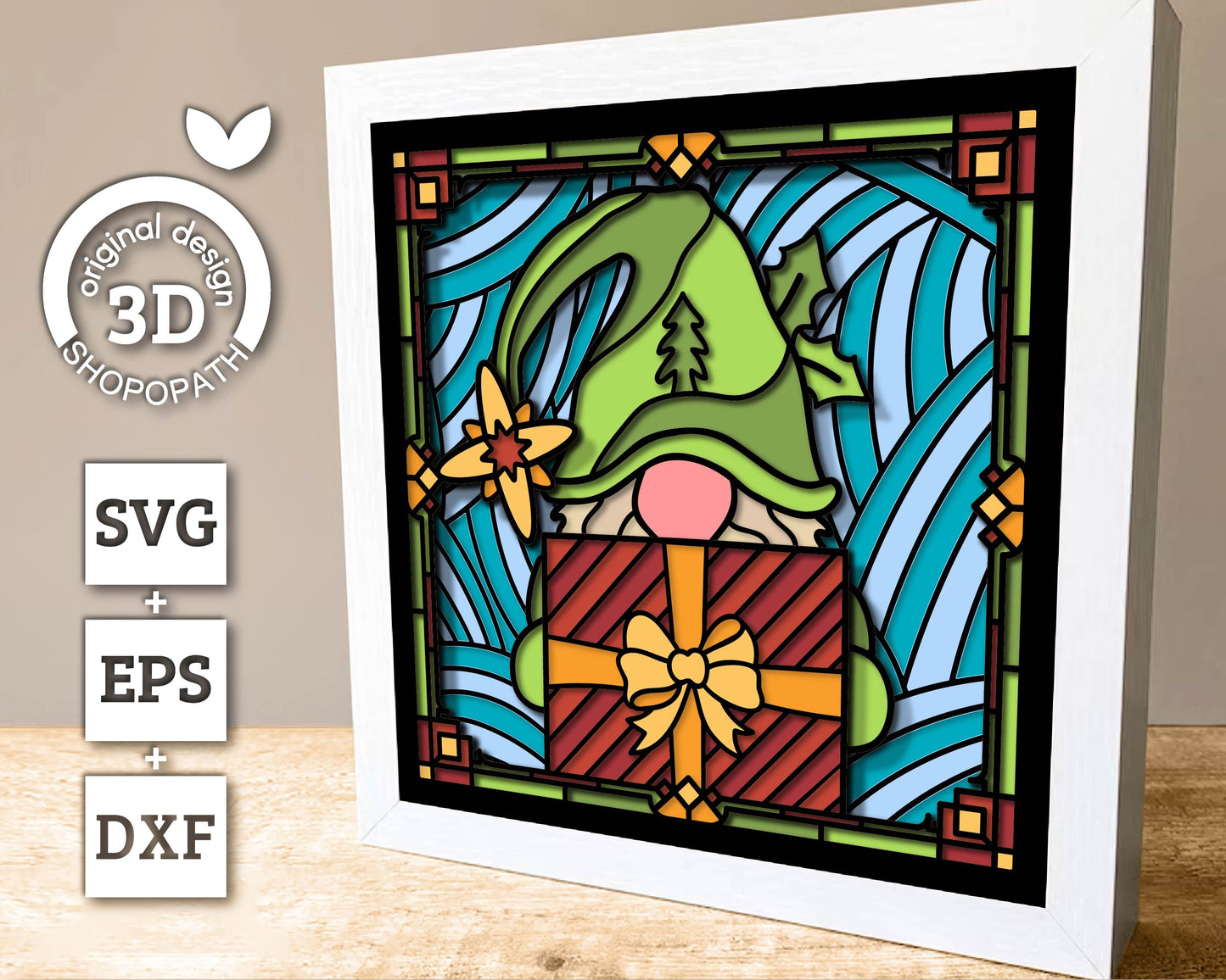 3D SVG Stained Glass Gnome with Present Shadow Box, 3D SVG Gnome, 3D SVG Stained Glass Christmas, Elf Gnome Shadow Box svg Cricut Silhouette