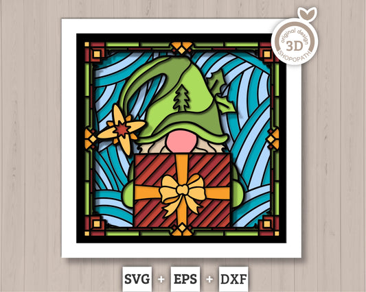3D SVG Stained Glass Gnome with Present Shadow Box, 3D SVG Gnome, 3D SVG Stained Glass Christmas, Elf Gnome Shadow Box svg Cricut Silhouette