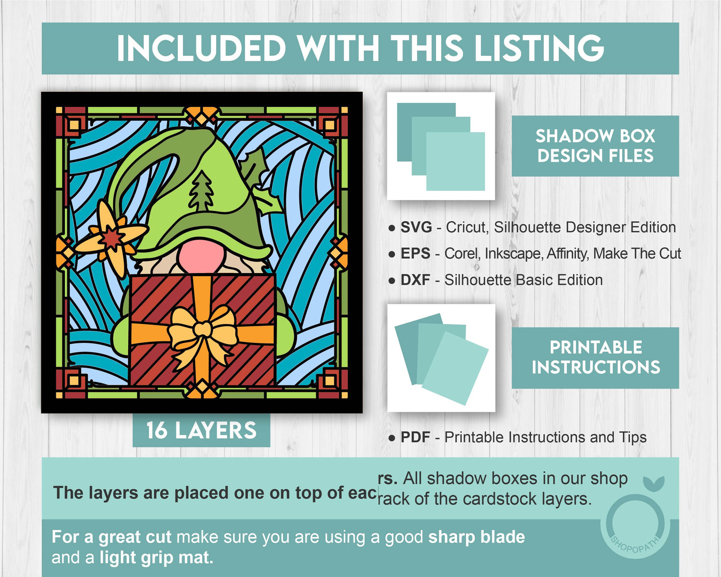 3D SVG Stained Glass Gnome with Present Shadow Box, 3D SVG Gnome, 3D SVG Stained Glass Christmas, Elf Gnome Shadow Box svg Cricut Silhouette