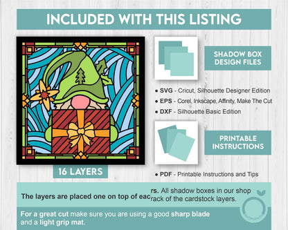 3D SVG Stained Glass Gnome with Present Shadow Box, 3D SVG Gnome, 3D SVG Stained Glass Christmas, Elf Gnome Shadow Box svg Cricut Silhouette