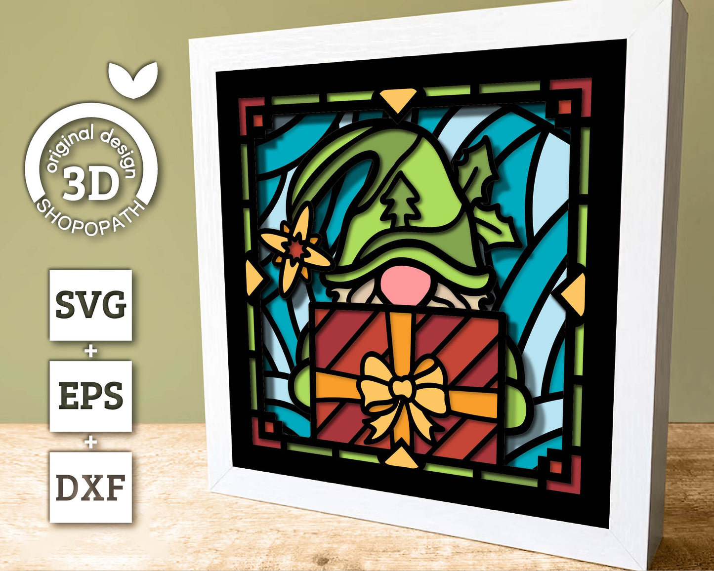 3D SVG Stained Glass Gnome with Gift Shadow Box, 3D SVG Gnome, 3D SVG Stained Glass Christmas, Elf Gnome Shadow Box svg Cricut Silhouette
