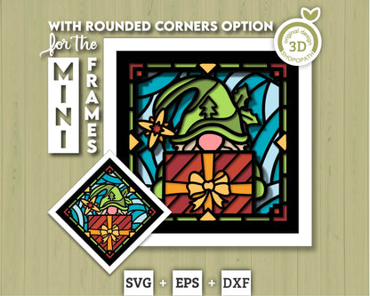 3D SVG Stained Glass Gnome with Gift Shadow Box, 3D SVG Gnome, 3D SVG Stained Glass Christmas, Elf Gnome Shadow Box svg Cricut Silhouette