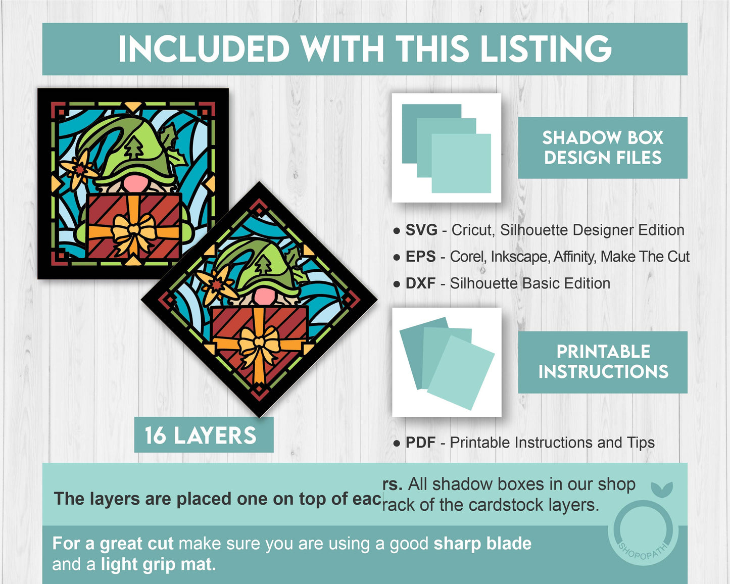3D SVG Stained Glass Gnome with Gift Shadow Box, 3D SVG Gnome, 3D SVG Stained Glass Christmas, Elf Gnome Shadow Box svg Cricut Silhouette