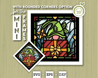 3D SVG Stained Glass Gnome with Gift Shadow Box, 3D SVG Gnome, 3D SVG Stained Glass Christmas, Elf Gnome Shadow Box svg Cricut Silhouette