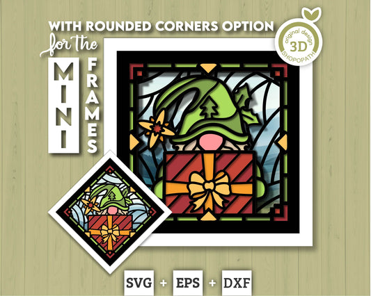 3D SVG Stained Glass Gnome with Gift Shadow Box, 3D SVG Gnome, 3D SVG Stained Glass Christmas, Elf Gnome Shadow Box svg Cricut Silhouette