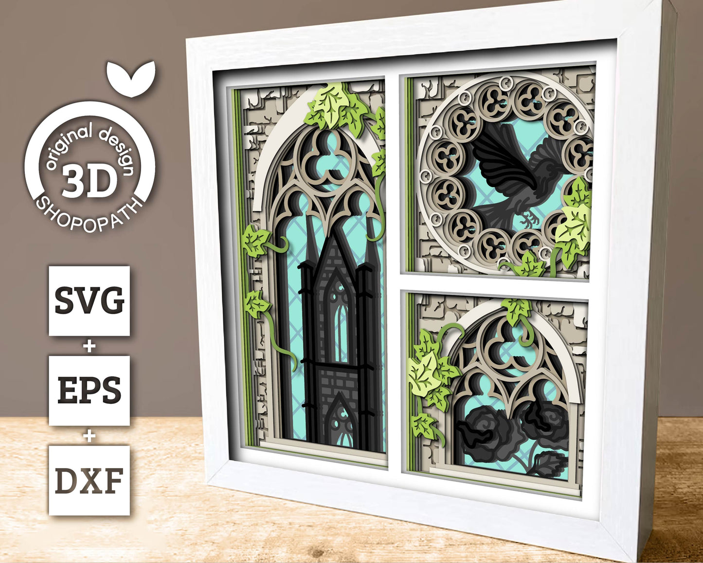 3D SVG Crow With Gothic Window Shadow Box, Black Rose 3D Svg, Ivy 3D SVG, Stained Glass 3D Svg,  Gothic Tower 3D SVG, Cricut Silhouette