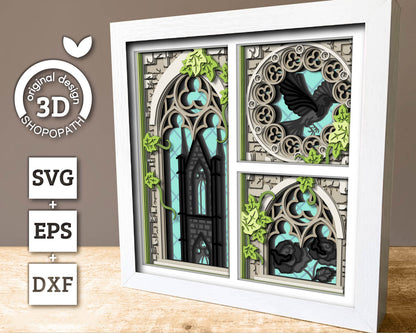 3D SVG Crow With Gothic Window Shadow Box, Black Rose 3D Svg, Ivy 3D SVG, Stained Glass 3D Svg,  Gothic Tower 3D SVG, Cricut Silhouette