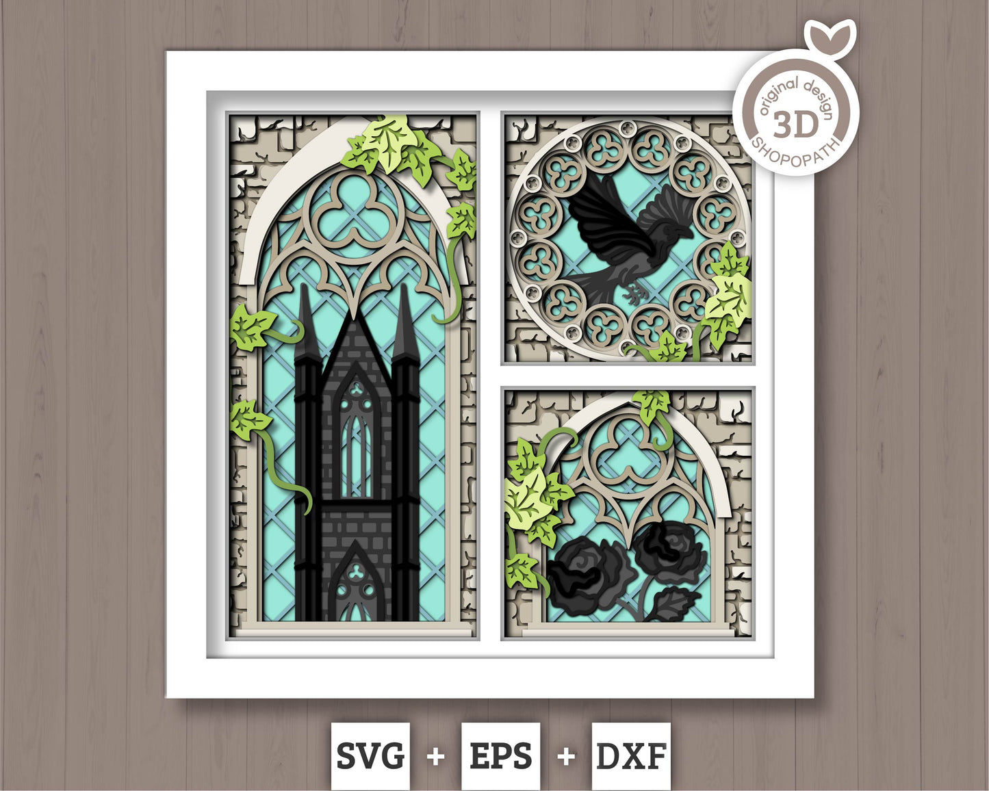 3D SVG Crow With Gothic Window Shadow Box, Black Rose 3D Svg, Ivy 3D SVG, Stained Glass 3D Svg,  Gothic Tower 3D SVG, Cricut Silhouette