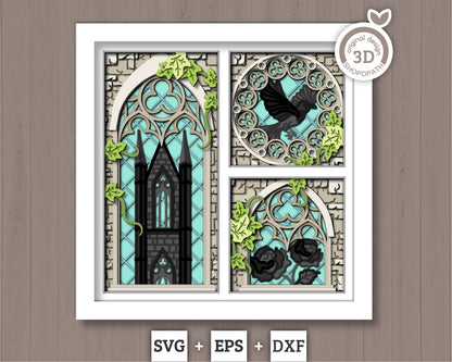 3D SVG Crow With Gothic Window Shadow Box, Black Rose 3D Svg, Ivy 3D SVG, Stained Glass 3D Svg,  Gothic Tower 3D SVG, Cricut Silhouette