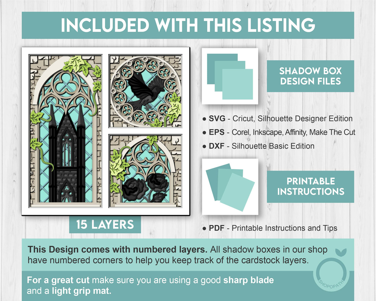 3D SVG Crow With Gothic Window Shadow Box, Black Rose 3D Svg, Ivy 3D SVG, Stained Glass 3D Svg,  Gothic Tower 3D SVG, Cricut Silhouette