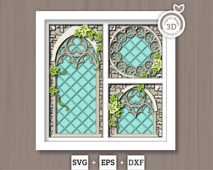 3D SVG Crow With Gothic Window Shadow Box, Black Rose 3D Svg, Ivy 3D SVG, Stained Glass 3D Svg,  Gothic Tower 3D SVG, Cricut Silhouette